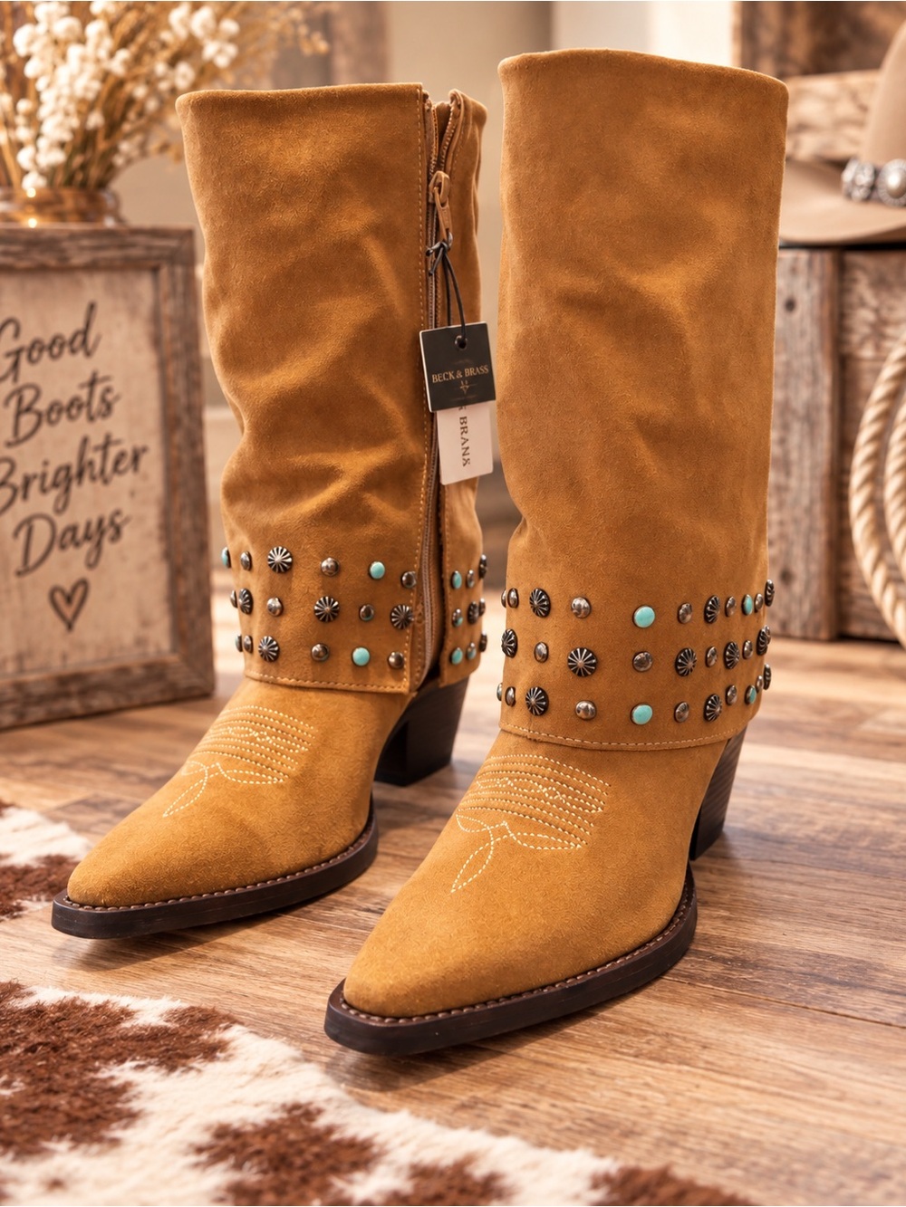Buck & Brana Tan Leather Suede Western Boots with Turquoise & Silver Conchos